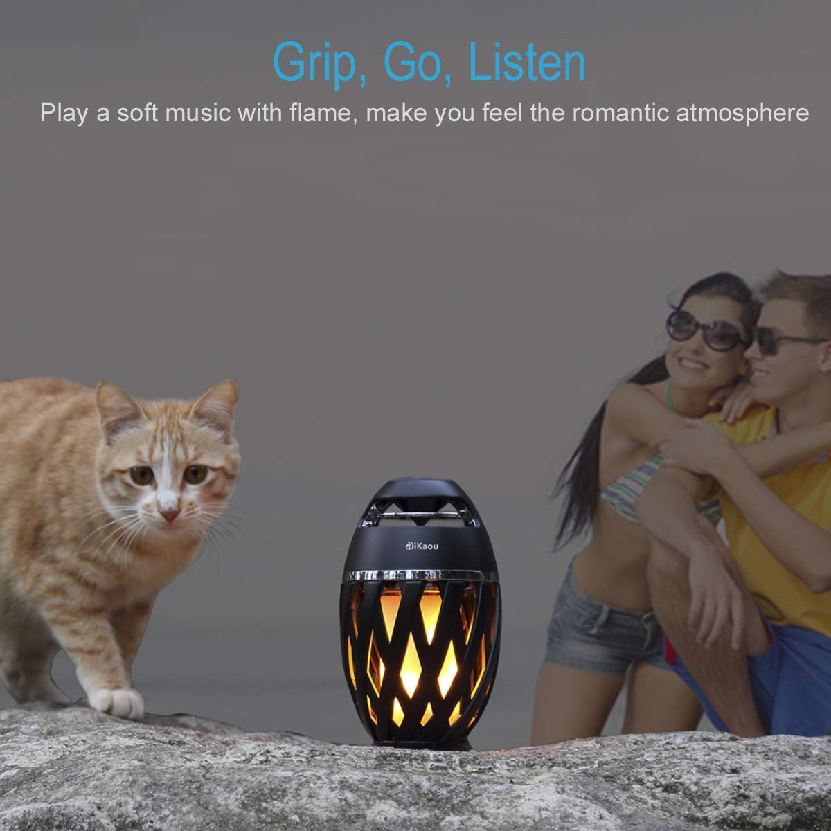 DiKaou LED Flame Outdoor Table Lamp with Bluetooth Speaker, Rechargeable Black Lantern for Patio, Porch, Home Decor