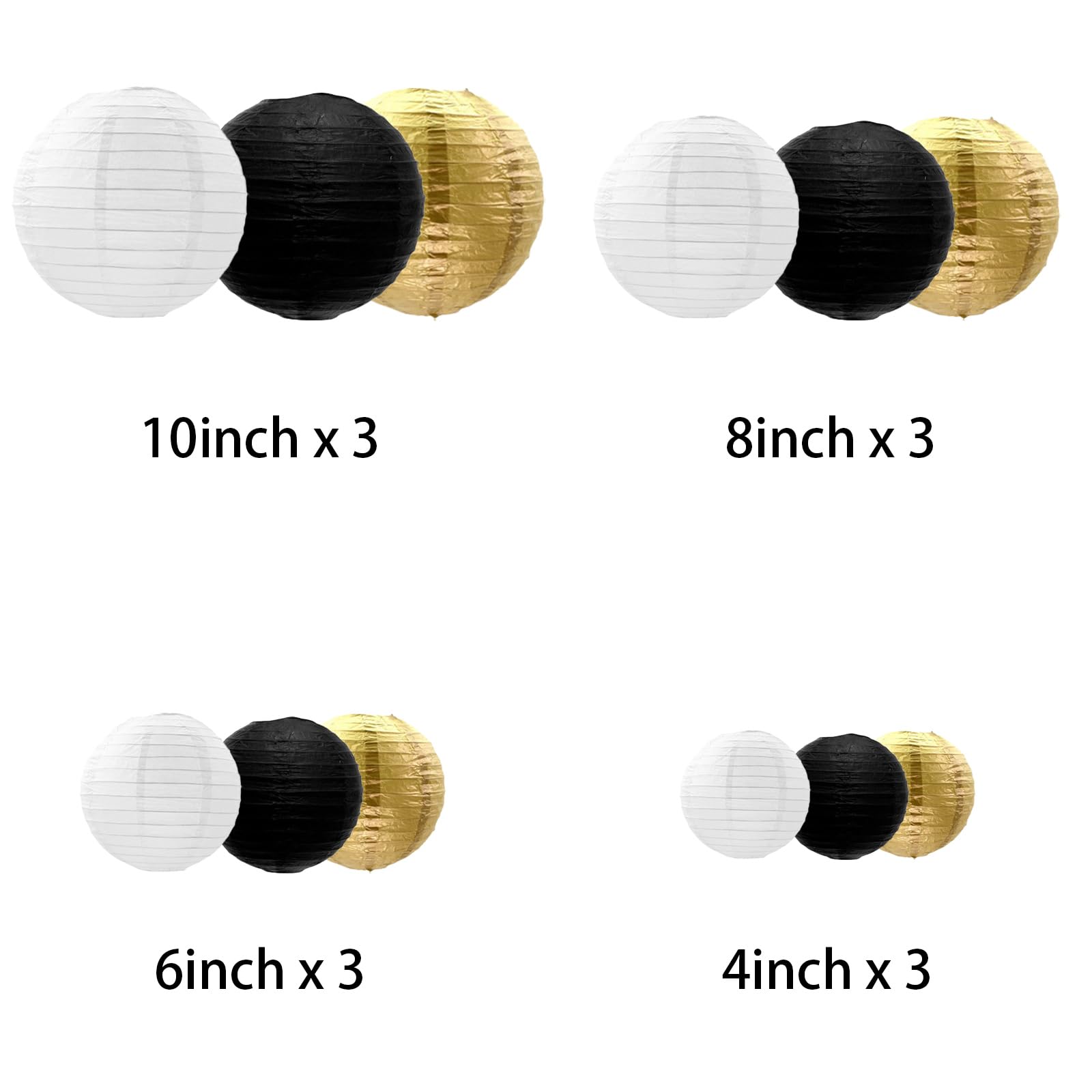 Black Gold White Paper Lanterns Decorative, Chinese/Japanese Hanging Round Paper Lanterns Decorations For Wedding, Graduation, A