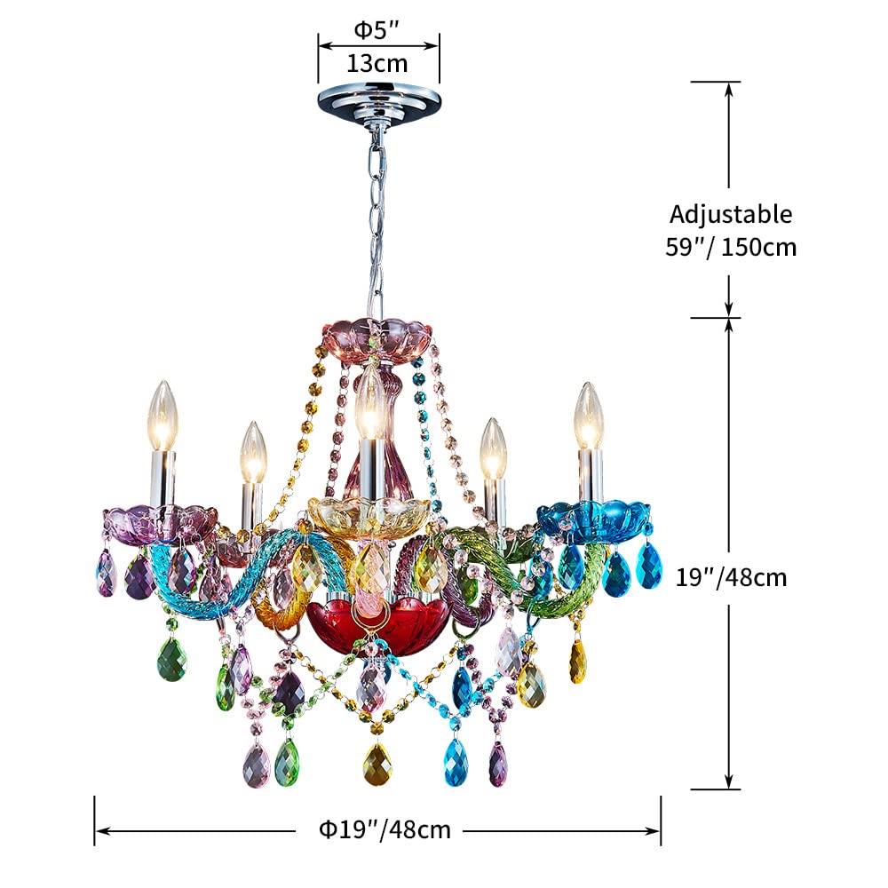 SM Saint Mossi Modern K9 Crystal Chandelier, 5-Light Pendant Fixture, Multi-Color, Adjustable Chain, H19 x W19, Model SM-DY-19084