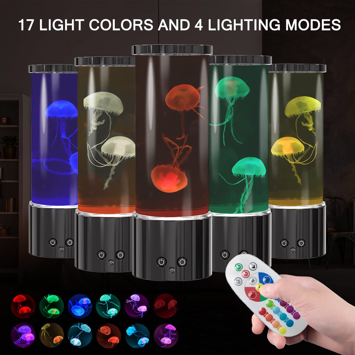 KIKILIVE Jellyfish Lamp, LED Aquarium Night Light, 11.6in Tall, Black, Remote Control, 17 Color Changing, Model 21081601