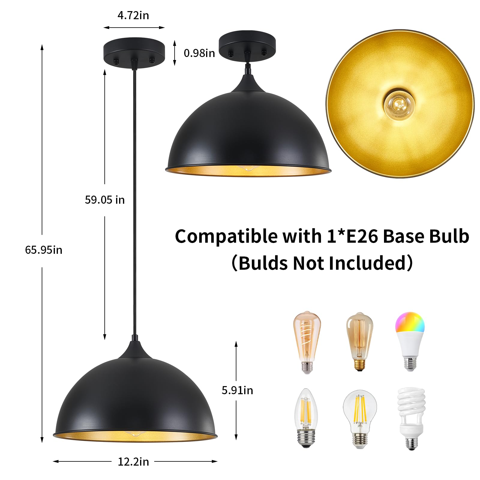 Miaybph Pendant Lights Kitchen Island, 12'' Black And Gold Dome Pendant Light Vintage Industrial Hanging Light Fixtures For Farm