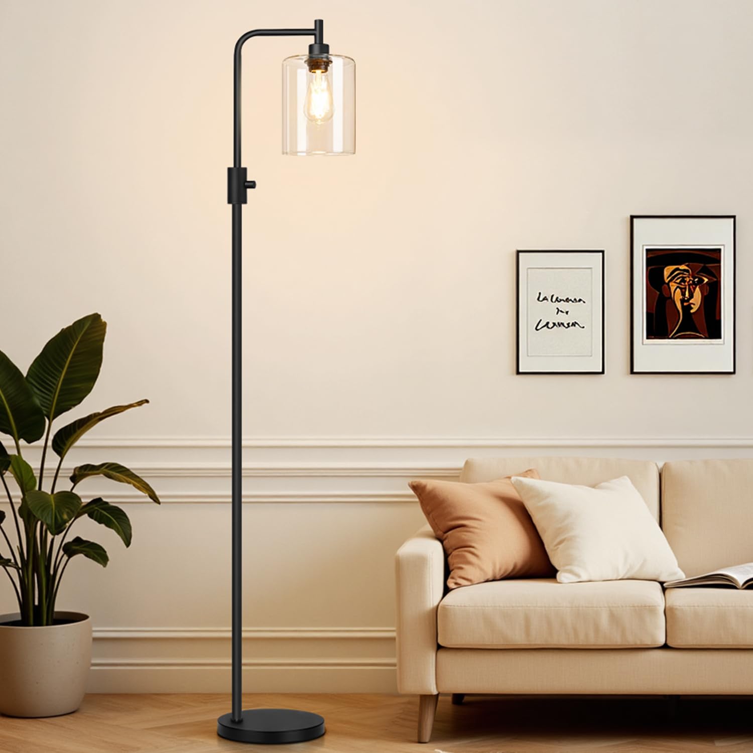 ?Upgraded?Dimmable Floor Lamp for Living Room with Glass Shade, Black Modern Industrial Floor Lamp with 900LM LED Bulb Included,