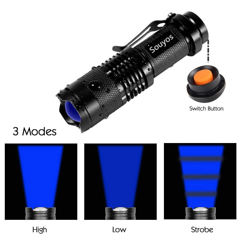 Souyos 3 Pack Zoomable LED Flashlights, 3 Modes, Blue, Aluminum Construction