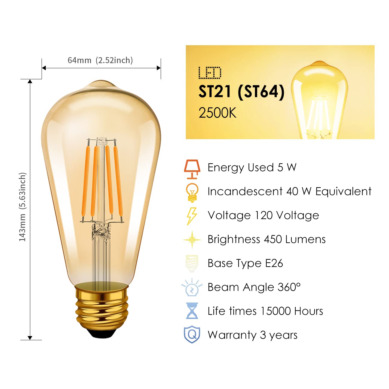 Lvwit Vintage Edison Light Bulb St21 Led Filament Bulb 5.5W(40 Watt Equivalent) Dimmable 2500K (Amber Glow) Warm White E26 Mediu