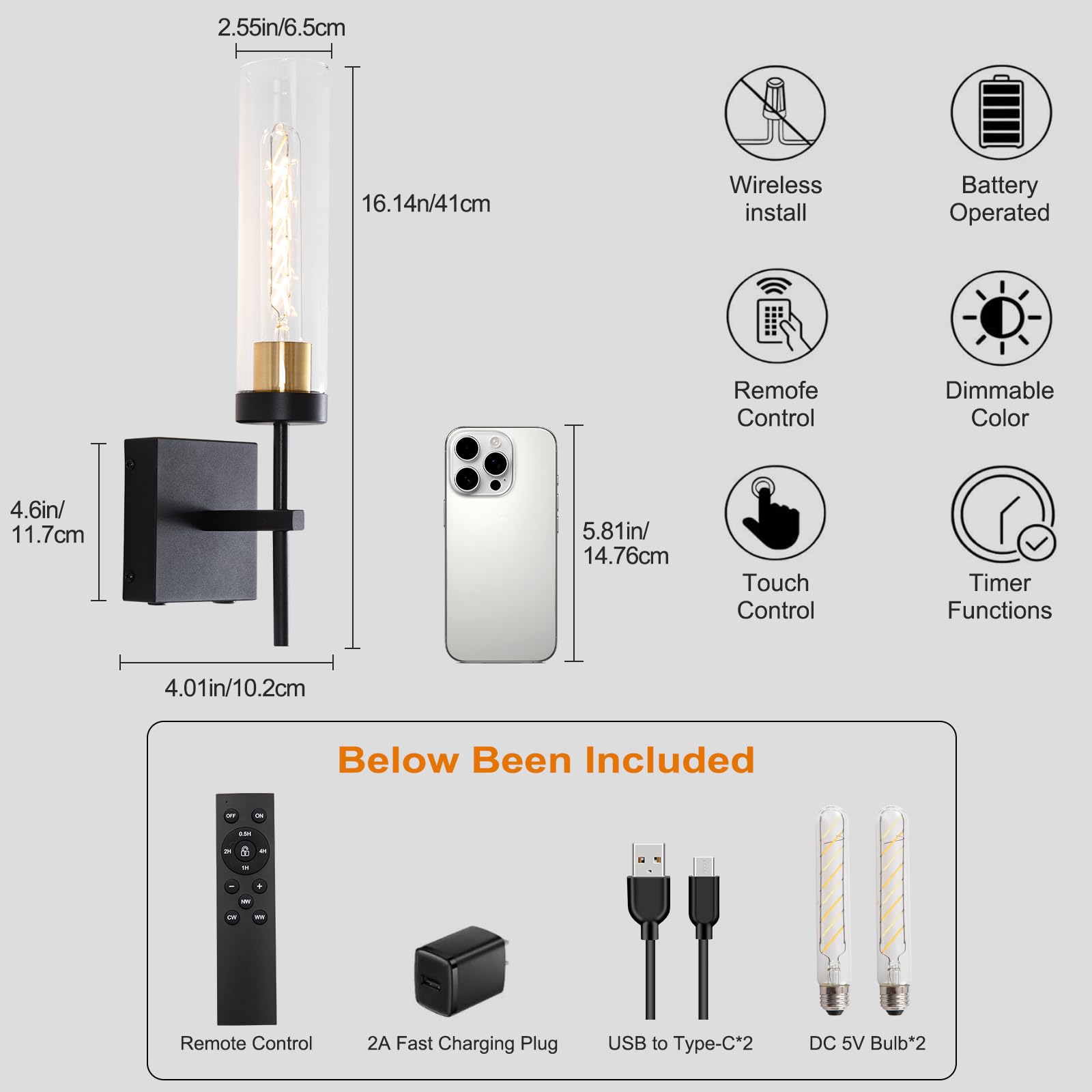 Loiogohot Wall Sconce - Battery Operated, 8000mAh, 100 Hours, Infinitely Dimmable, Dual Color Temperature, Black & Gold, Model WL-BN