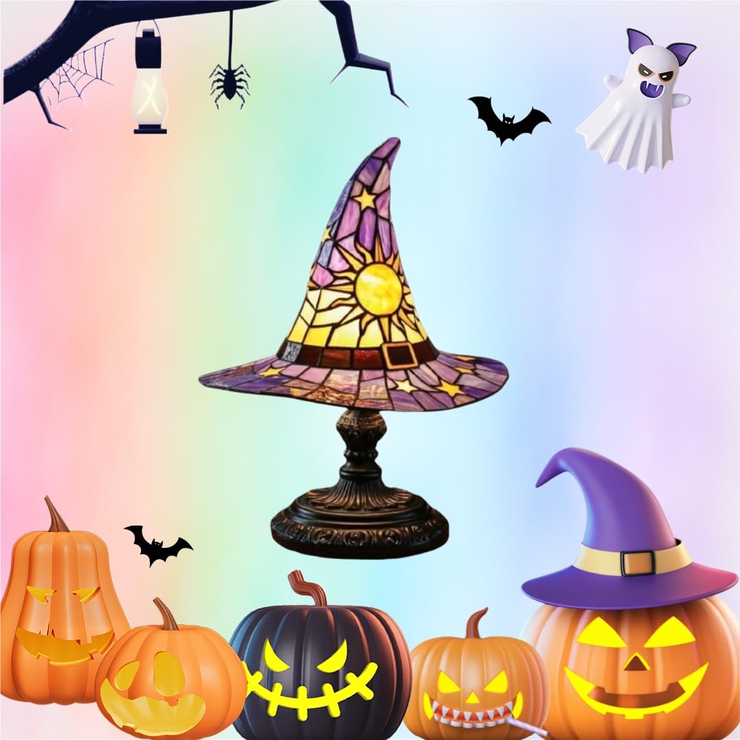 Quzimo Witch Hat Lamp, Handmade Gothic Stained Resin Night Light For Bedroom, Halloween Party Decor, Mystical Wizard Hat Shape F