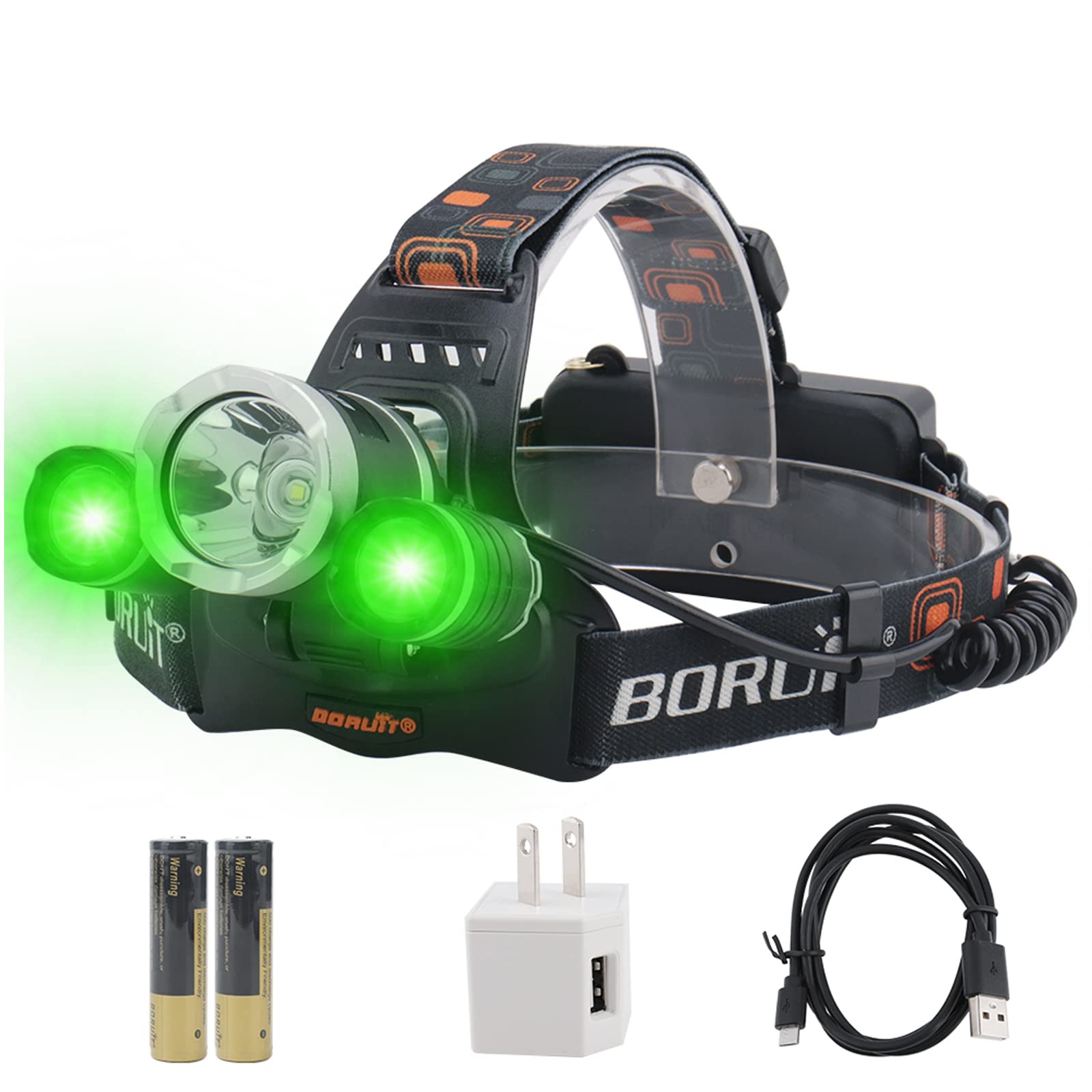BORUIT RJ-3000 LED Headlamp, 5000 Lumens, USB Rechargeable, 3 Modes, Black, White & Green Light