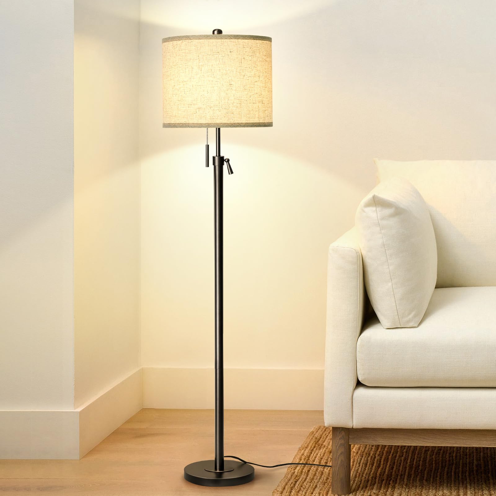Adjustable Height Floor Lamp for Living Room, Black Standing Lamp, Floor Lamp for Bedroom Office, Modern Tall Floor Lamp with Li