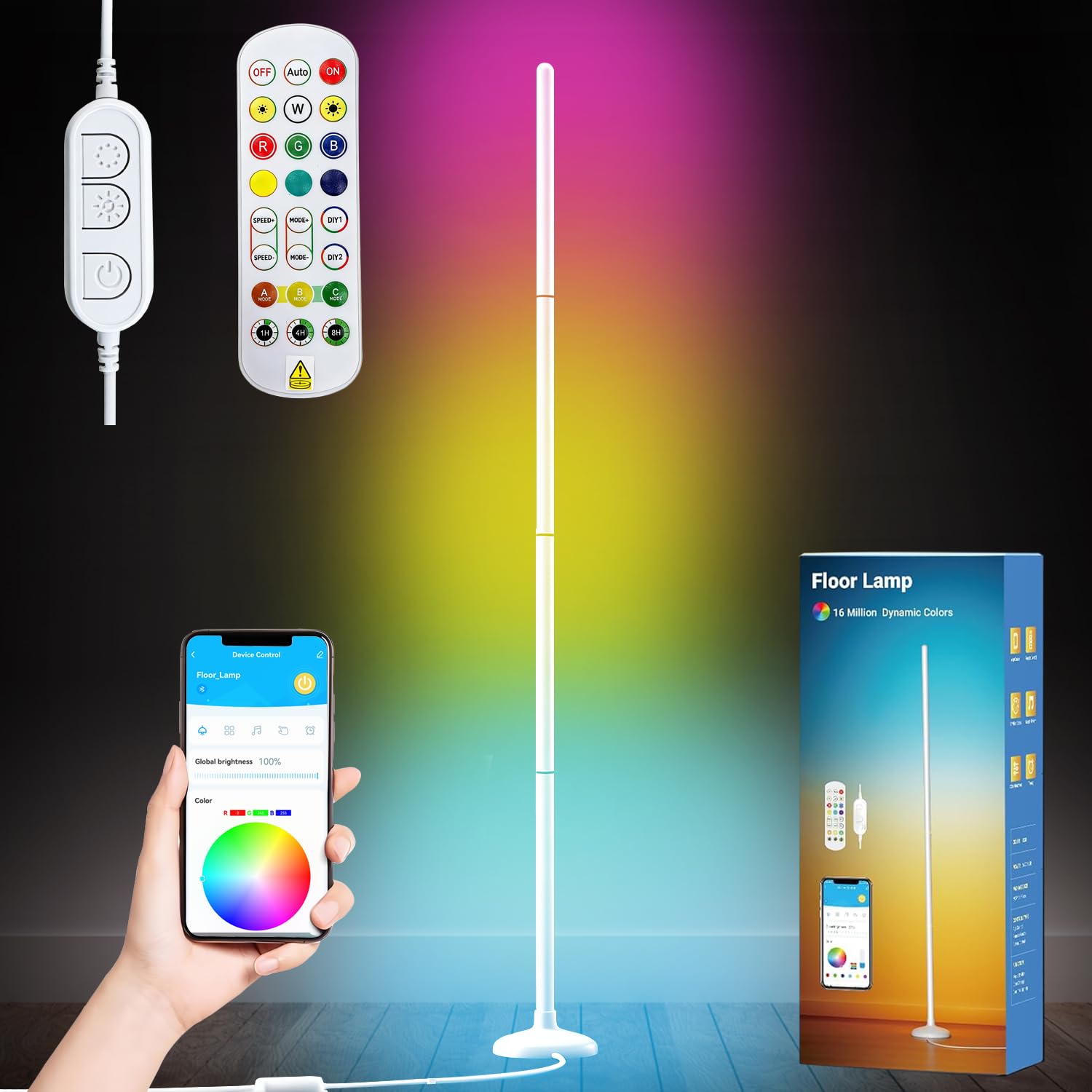 Milluten Smart Floor Lamp, RGB LED Corner Lamp with App & Remote, Modern Floor Lamp with 16 Million DIY Colors/Music Sync/Timer,