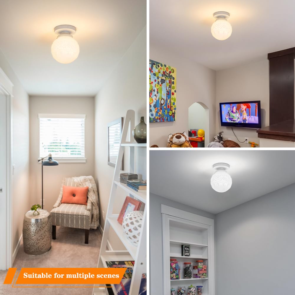 Daunton Semi Flush Mount Ceiling Light, White Hallway Fixture, Vintage With Milky Glass Globe, Close To Ceiling Indoor Hanging L