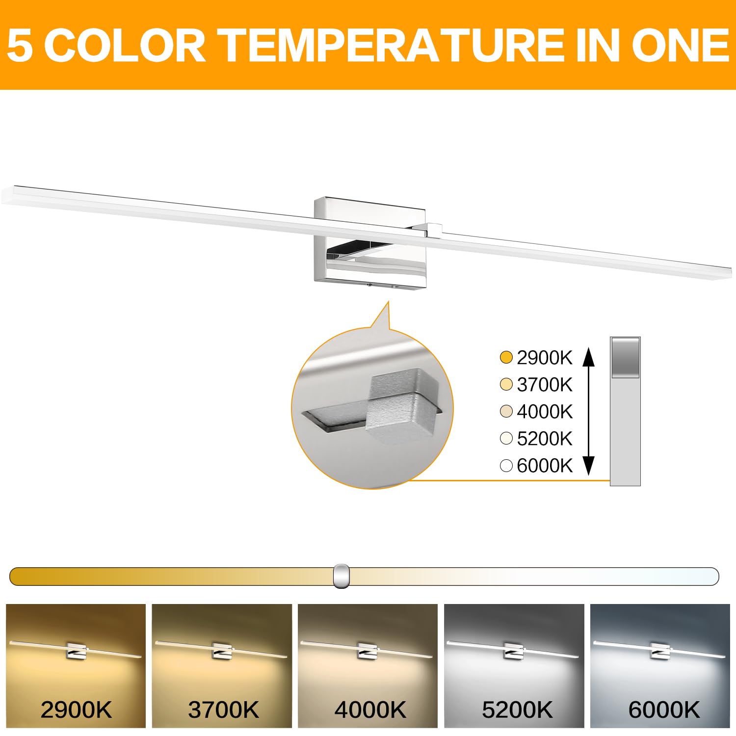 Zuzito Modern Bathroom Vanity Light 48 Inch, 32W Dimmable 5Cct Led Bathroom Light Fixture Over Mirror, Chrome Vanity Lights Bar