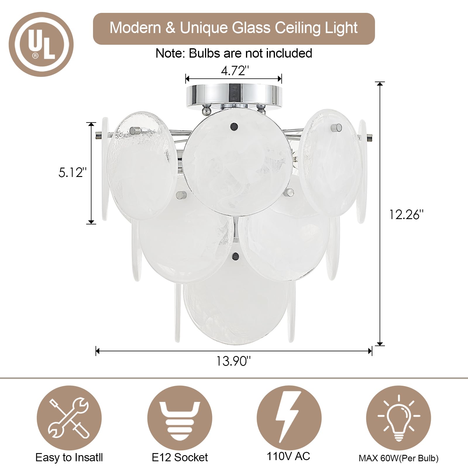 VANZARLA Modern Flush Mount Ceiling Light, Chrome Metal 4-Light Chandelier for Hallway, Bedroom, Kitchen