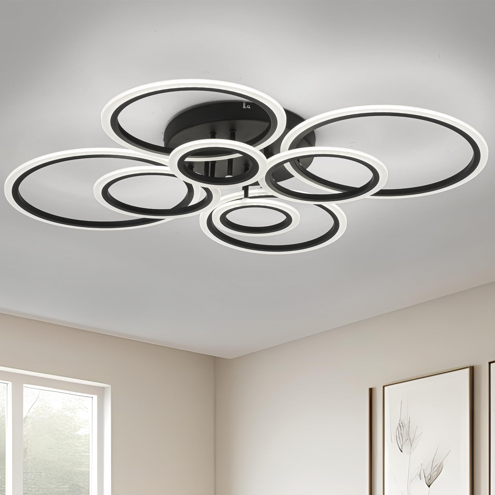 TEMINBU Modern LED Ceiling Light, Black 8 Rings Flush Mount Ceiling Light, 4000K Lighting Fixture Ceiling Lamp for Kitchen, Bedr