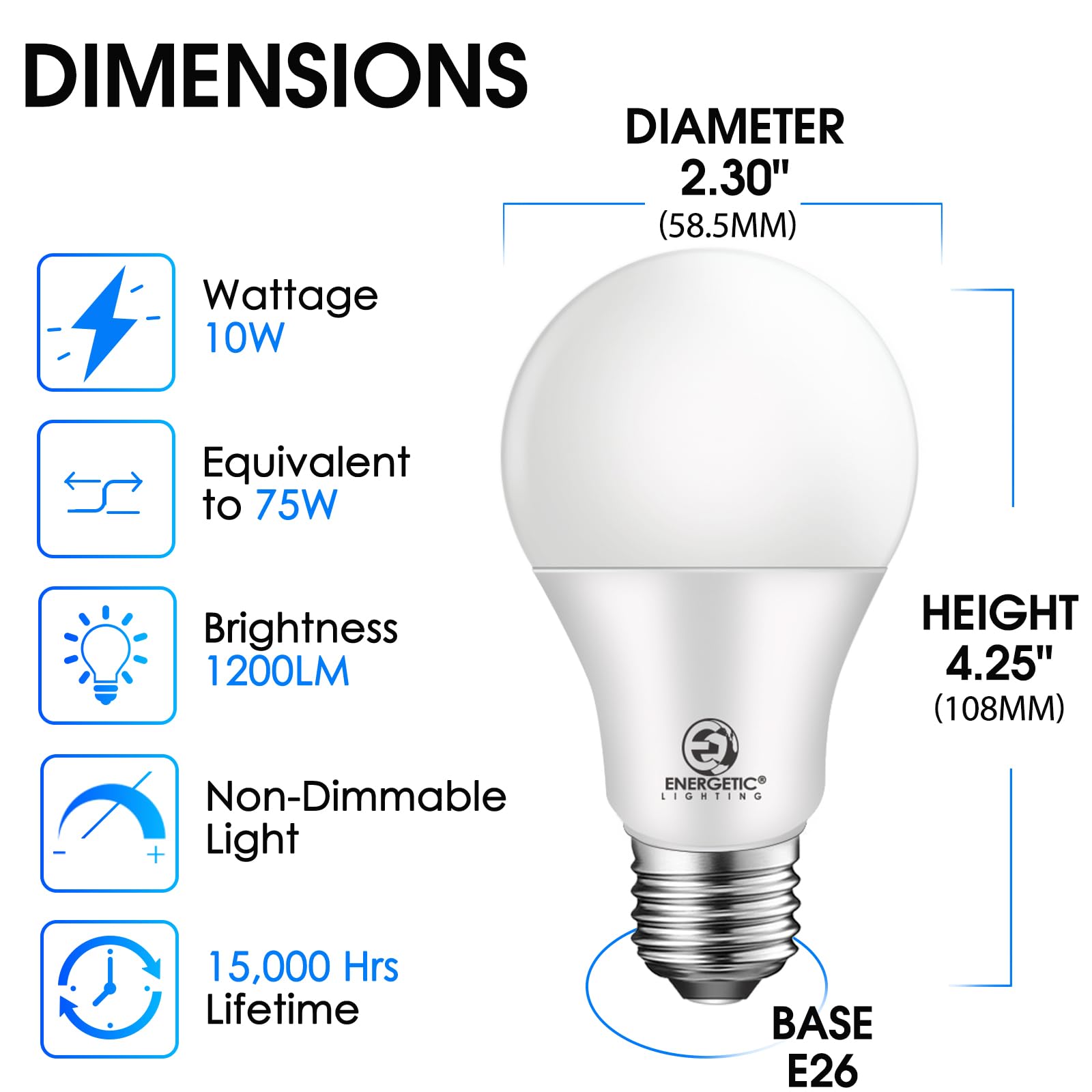 Energetic Super Bright LED Light Bulbs, 75W Equivalent, 1200LM, Cool White 4000K, Non-Dimmable, E26 Base, 4 Pack