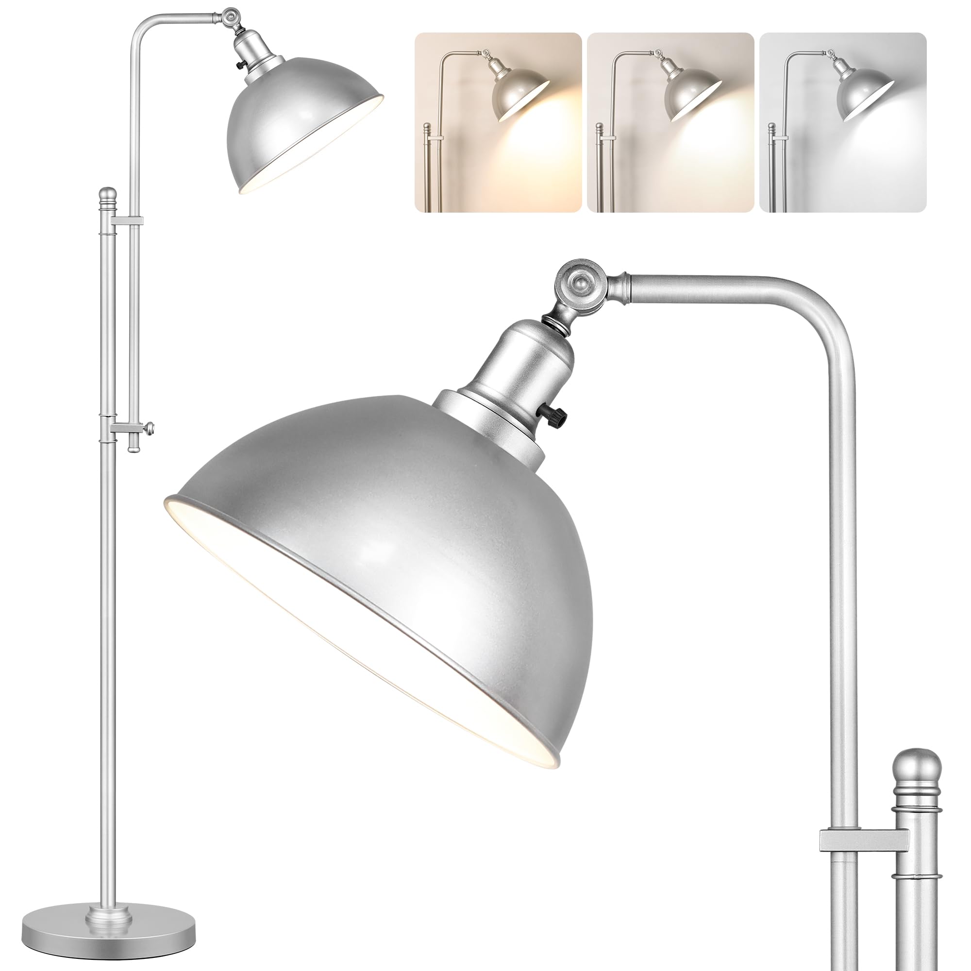 PARTPHONER Industrial Floor Lamp Adjustable, Farmhouse Reading Lamp in Silver Finish Modern Standing Lamp with Remote Control Me