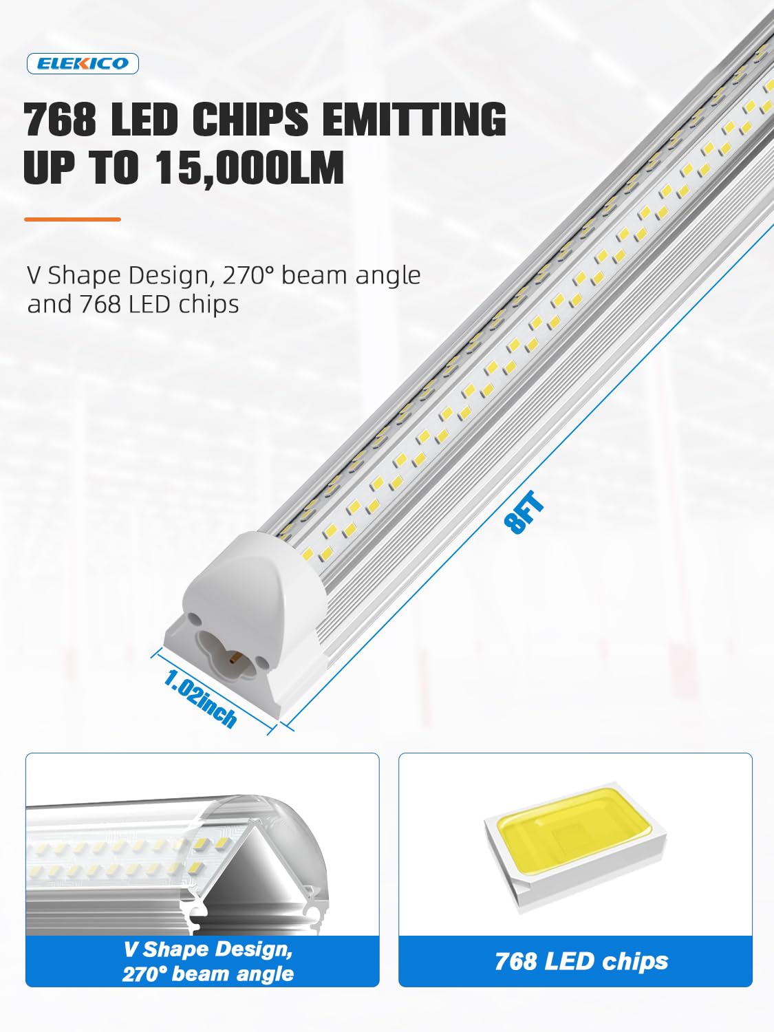 Elekico 8Ft Led Shop Light, Super Bright 100W Shop Lights, 15000Lm 5000K 8 Foot Led Lights, Linkable 96'' Led Shop Lights Lighti