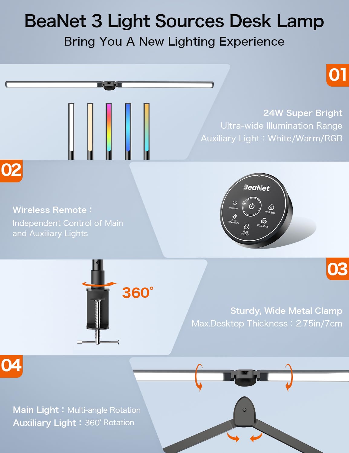 Beanet LED Desk Lamp with Clamp, 24W Ultra Bright, RGB Lighting, Remote Control, Model BNT-DEL03A, Black