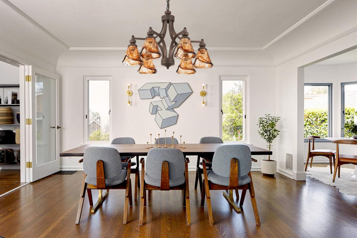 Lanpesting Vintage Farmhouse Chandelier  27 Inch Adjustable Amber Glass Rust-Finish Metal Pendant Light Fixture For Living Room  Bedroom  Dining Room  Kitchen Lighting (6-Light)