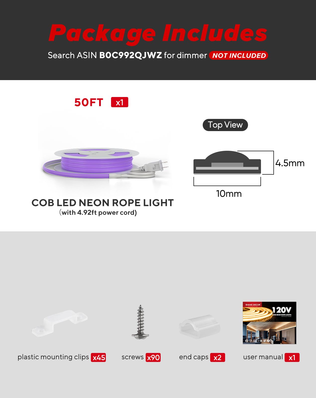 Shine Decor Cob Led Rope Light Ac 120V  800Lm Ultra Bright  Ip65 Waterproof Cold-Resistant Etl Neon Strip  No Driver Tape Lighting For Home Commercial 10X4.5Mm  Purple  50Ft