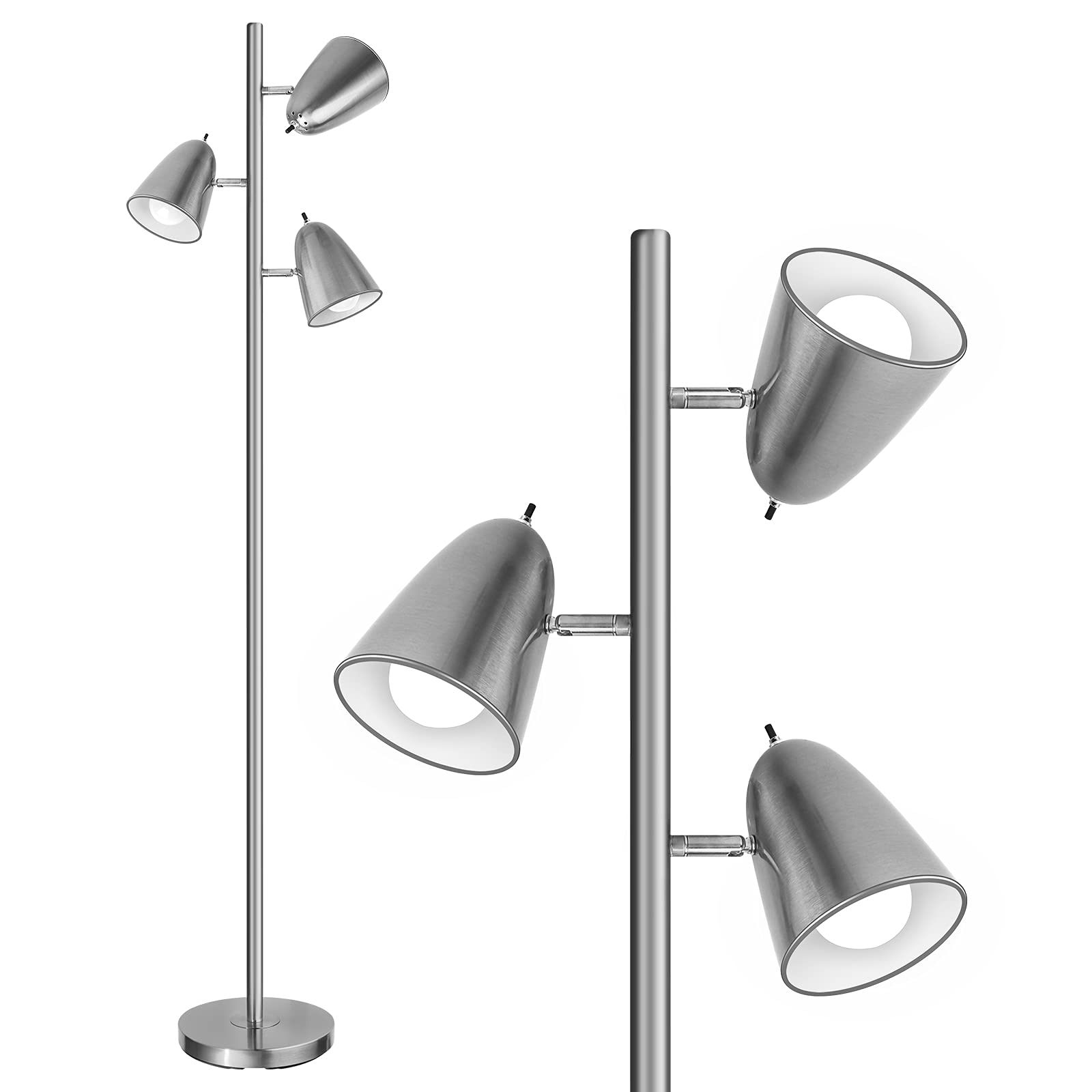 QiMH 3-Head Floor Lamp with 3 Adjustable Arms, Brushed Nickel, Tall Standing Pole Lamp for Living Room, Bedroom, Office