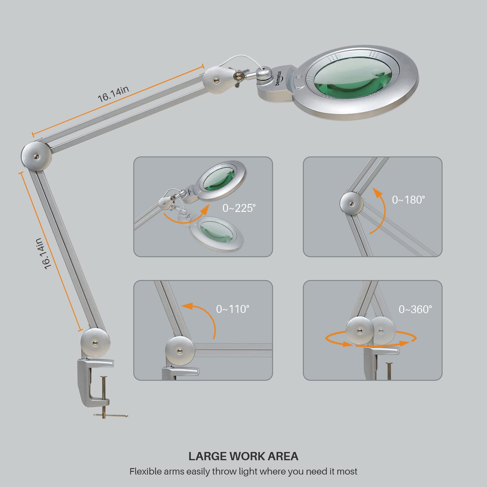 Bemelux Bifocals Magnifying Desk Lamp, 5 Diopter & 20 Diopter, 6in Lens, 1200 Lumens, Silver, Model BLUX9006LED