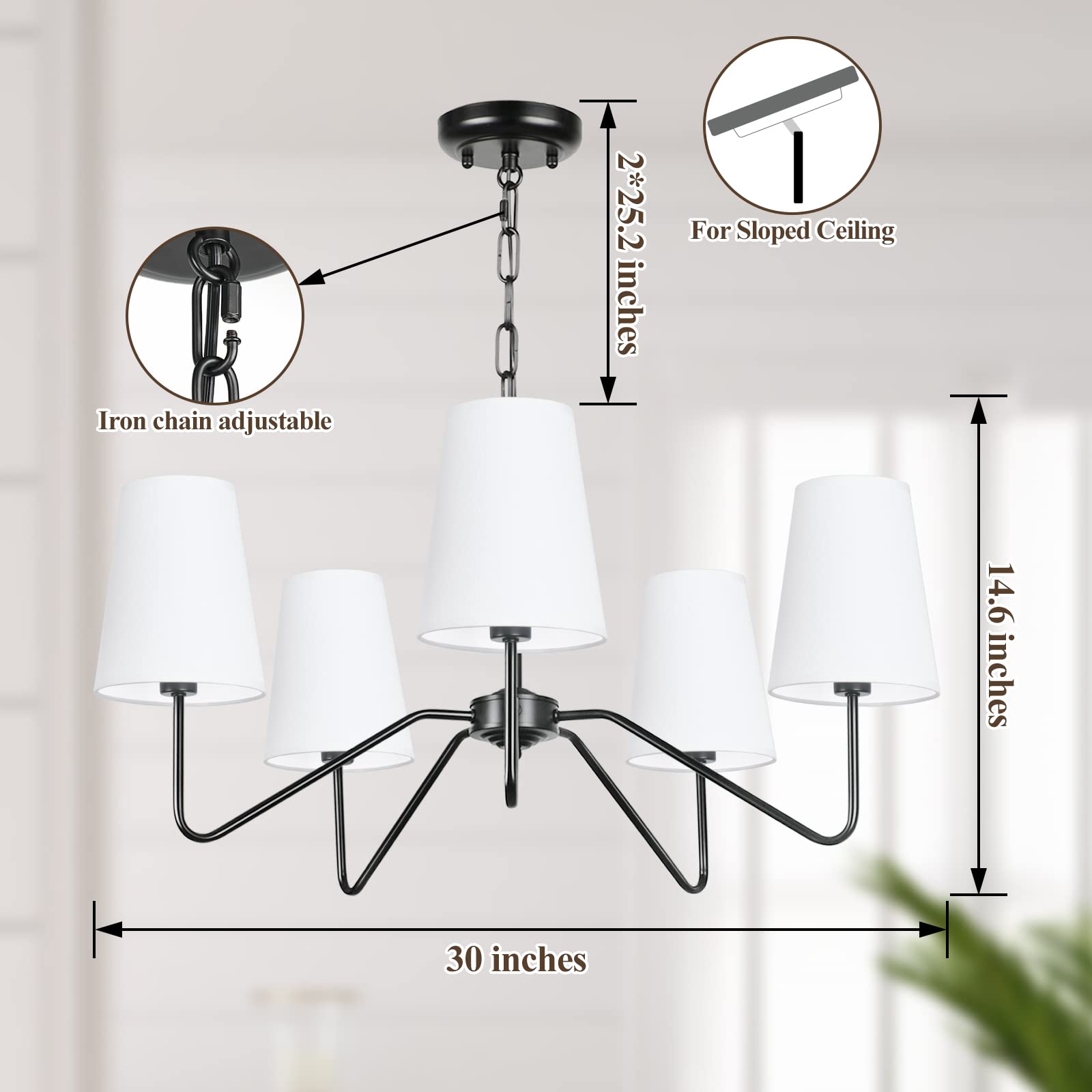 Bosceos 5-Light Modern Chandelier, Black & White Metal Pendant Ceiling Light, Adjustable Height, Model JP21709.5BK for Dining Room & Living Room