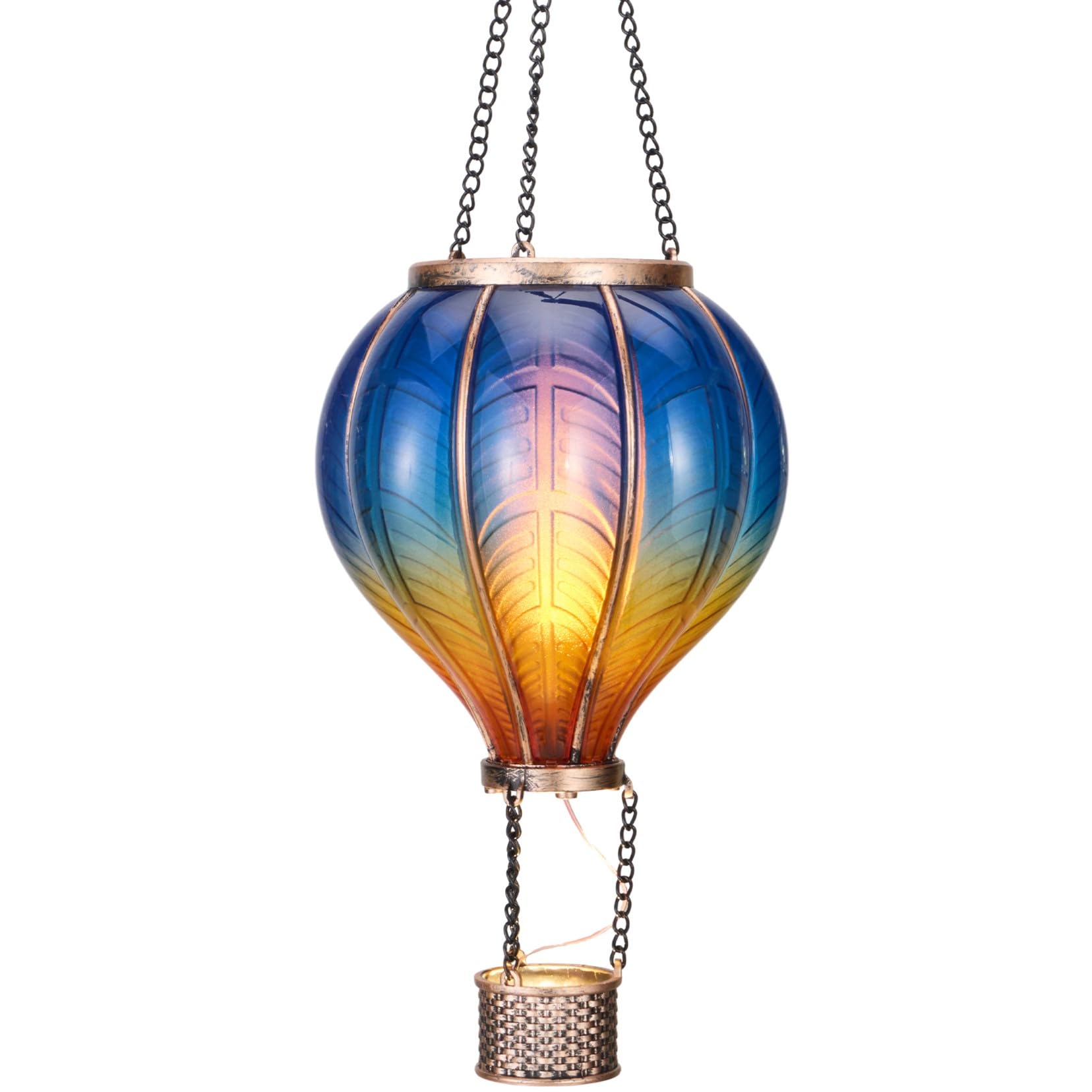 TERESAS COLLECTIONS Hot Air Balloon Lantern for Garden Decor  Flickering Flame Hanging Light for Outdoor  Blue & Yellow Plastic Lamp for Yard Tree Gift for Mom