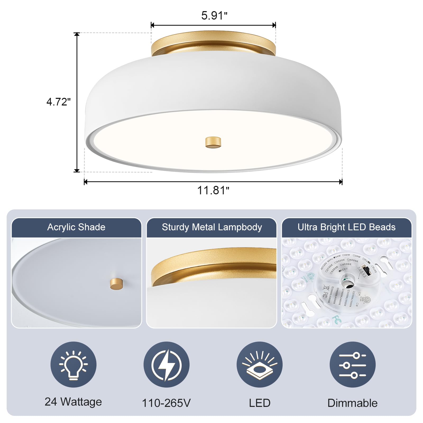 Zuyurt Dimmable Modern Led Ceiling Light,Mid-Century White And Gold Semi Flush Mount Ceiling Light, With Acrylic Shade, 5Cct 270