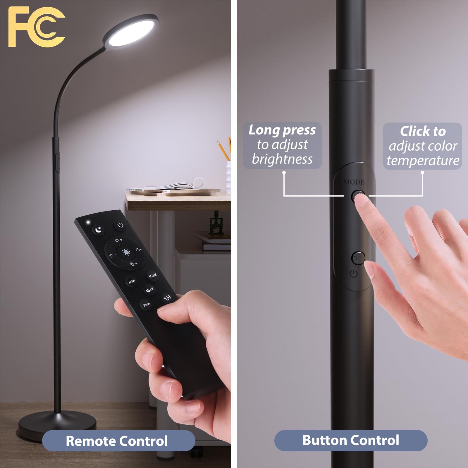 luckystyle Dimmable LED Floor Lamp, Adjustable Gooseneck, Remote Control, Black, Model LK-1006, Ideal for Living Room & Bedroom