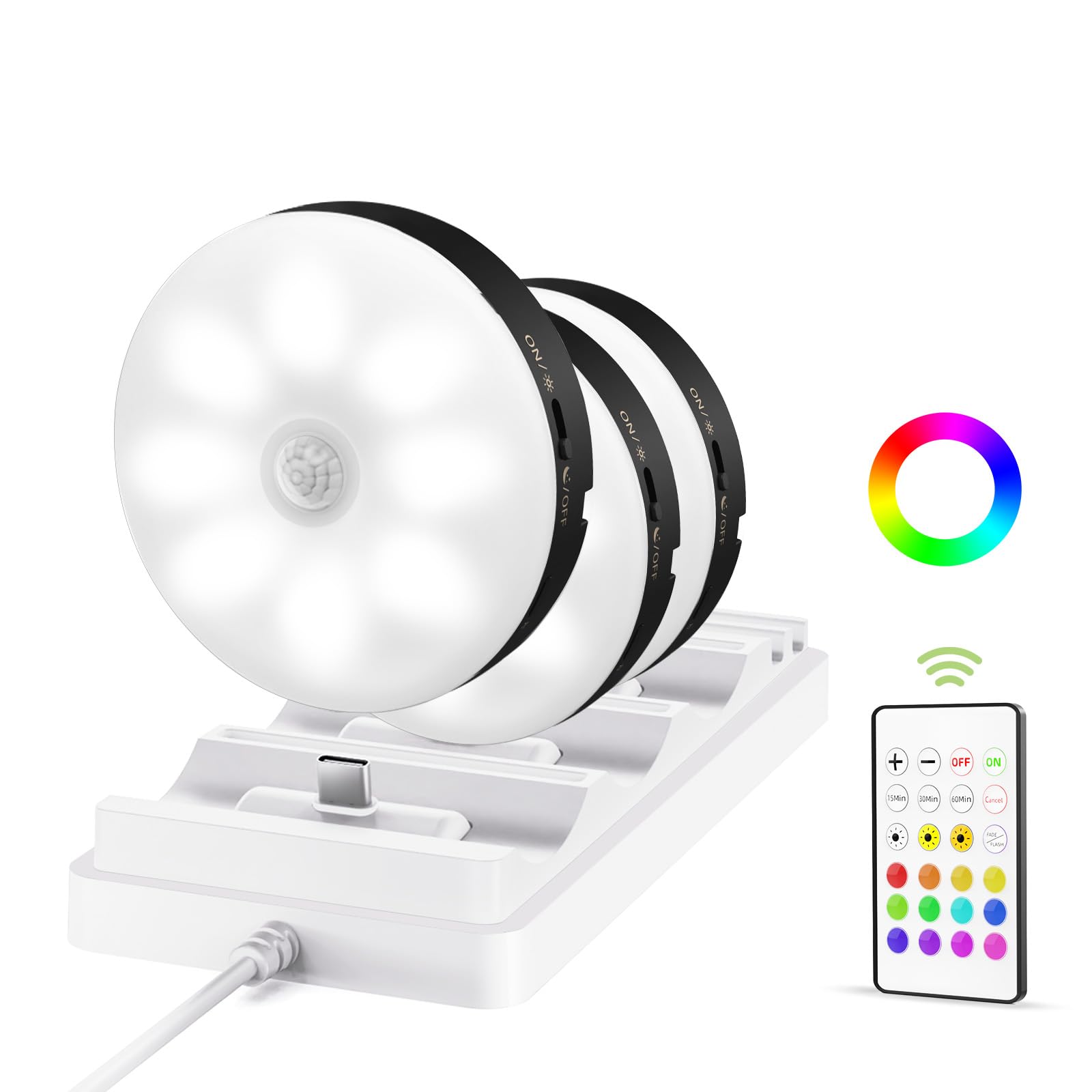 EZVALO Under Cabinet Lighting Puck Lights with Remote, Dimmable Motion Sensor, 3 Color Temps, 3 Packs, Black, Model EZL2415A