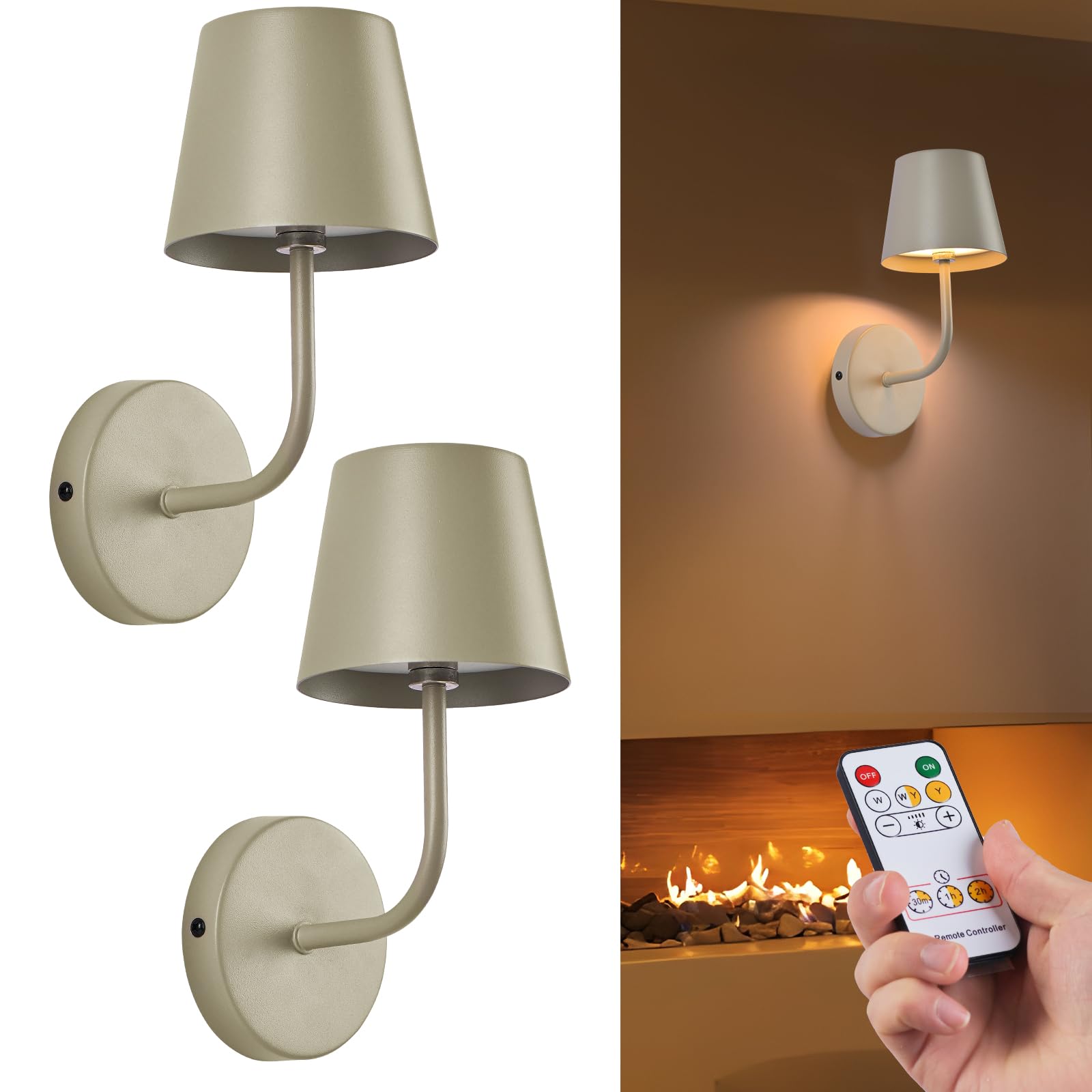 IMQSQIK LED Wall Lamp Set of 2, Rechargeable 5600mAh, Touch Control, Metal, Apricot, Model RQ-14-2Pack