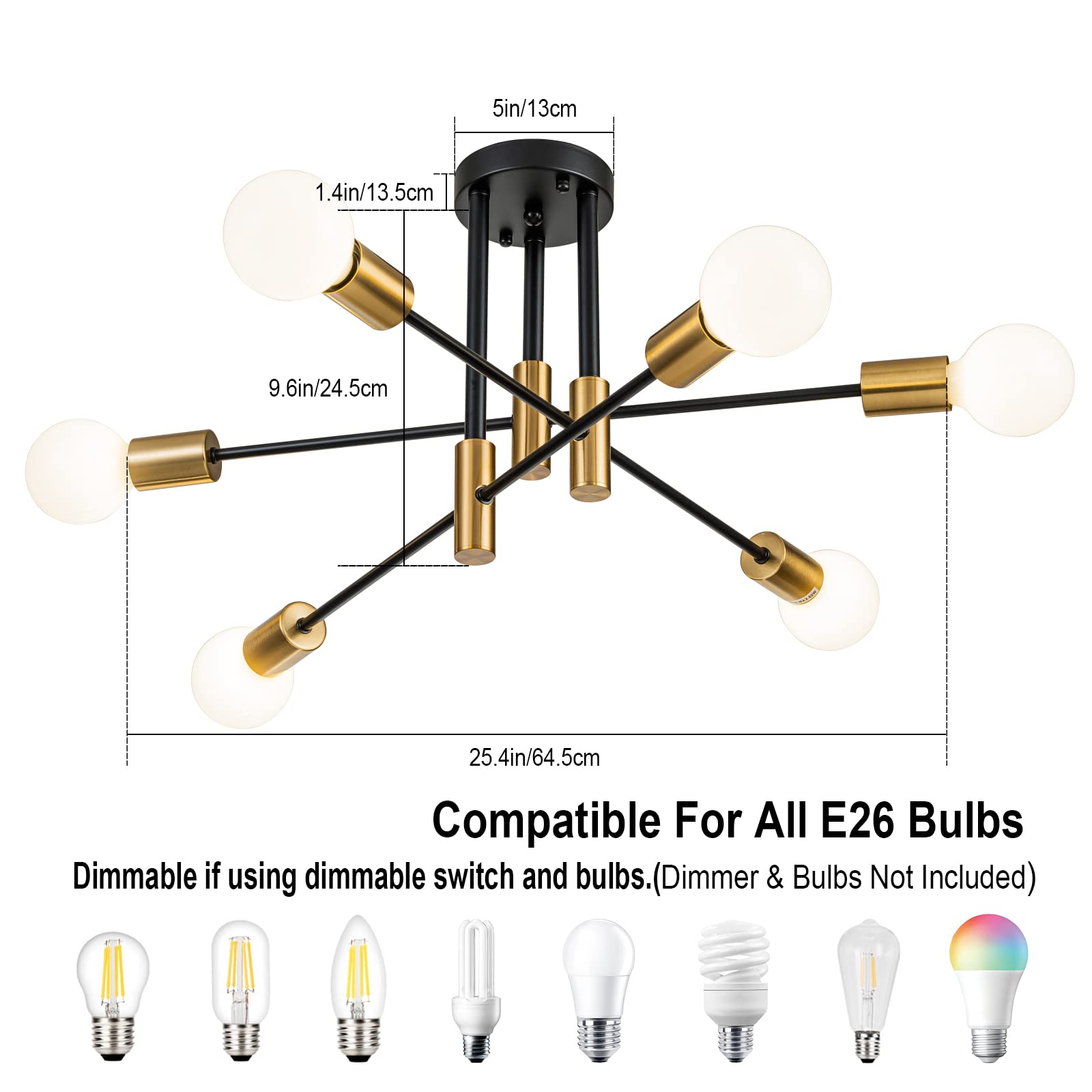 Brknit 6-Light Modern Sputnik Chandelier, Black Gold Semi Flush Mount Ceiling Light Fixture