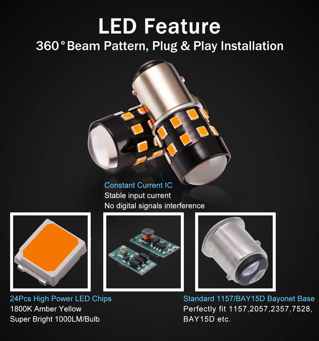 Brishine Super Bright 1157 2057 2357 7528 1157A Bay15D Led Bulbs Amber Yellow 9-30V Non-Polarity 24-Smd Led Chipsets With Projector For Turn Signal Lights, Side Marker Lights(Pack Of 2)