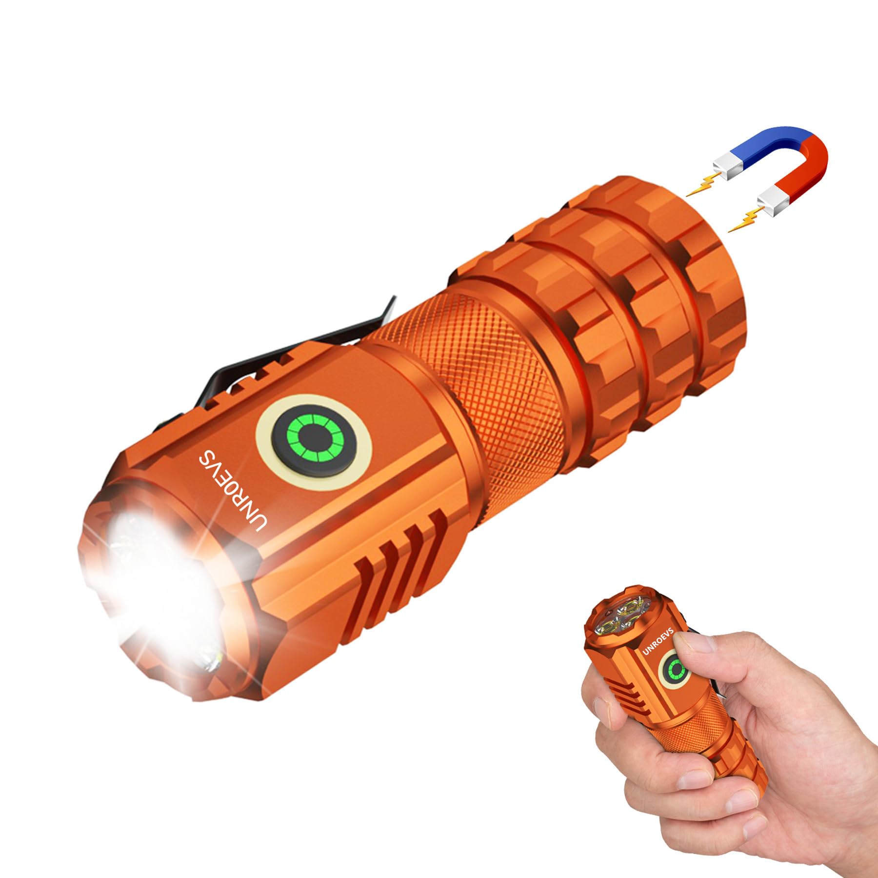 UNROEVS XC06 Mini Flashlight, Rechargeable, Super Bright, 5 Modes, Compact, Aluminum, Orange
