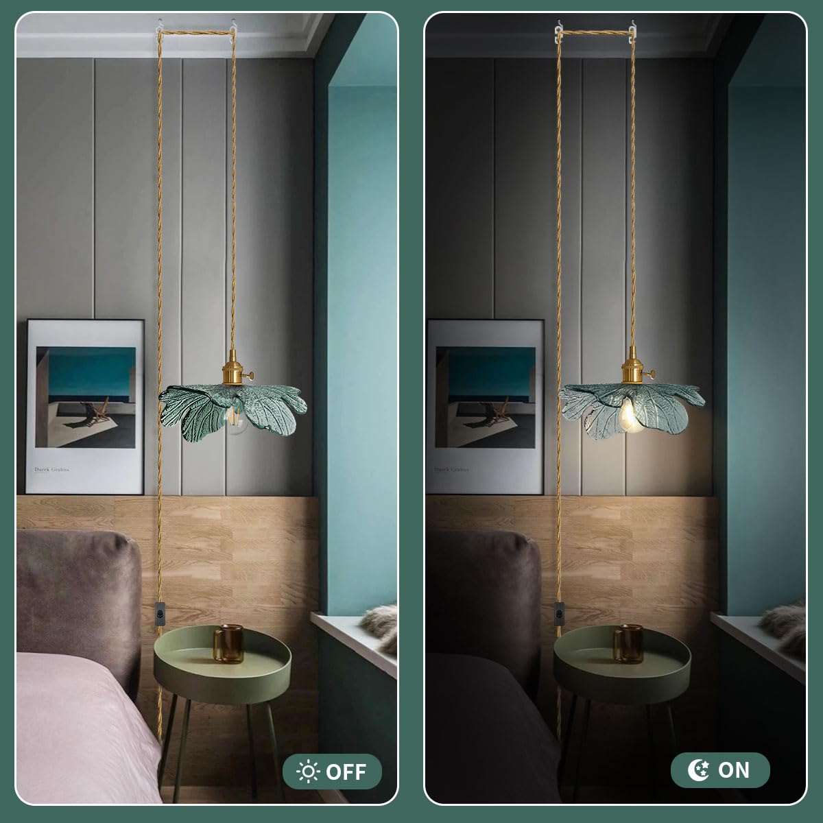 Auwieou Modern Brass Pendant Light with Dark Green Glass Shade, 14.75ft Plug-in Cord, Ideal for Kitchen and Dining Room
