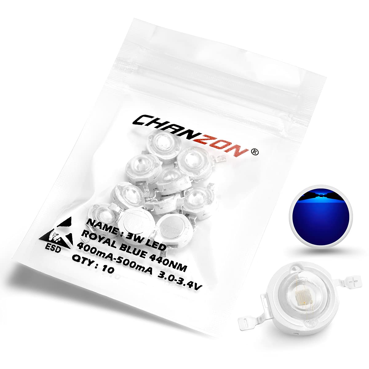Chanzon 10 Pcs High Power Led Chip 3W Royal Blue Plant Grow Light (440Nm - 450Nm / 400Ma - 500Ma / Dc 3V - 3.4V / 3 Watt) Smd Co