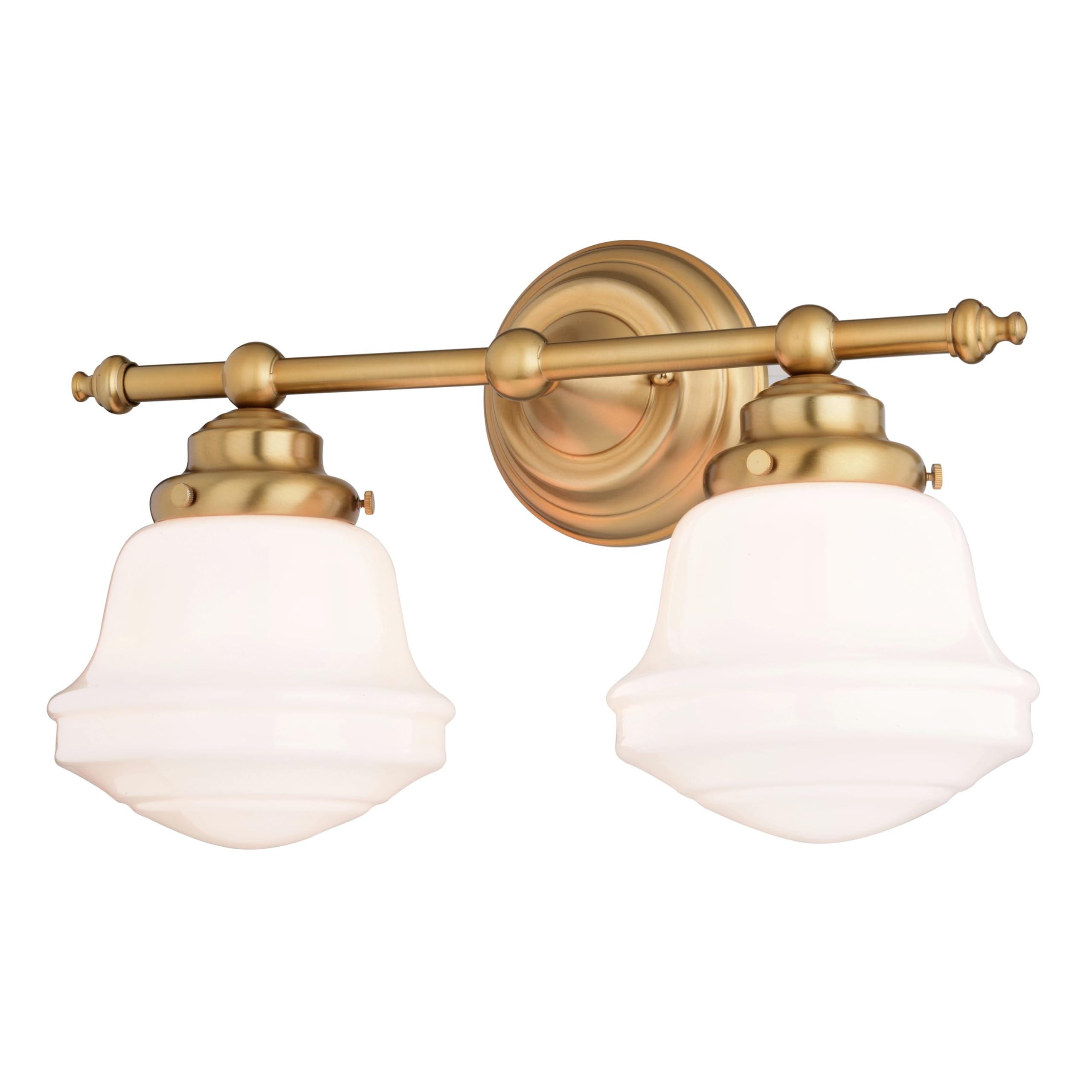 VAXCEL Huntley 2-Light 16 inch Wide Natural Brass Gold Farmhouse Bathroom Vanity Lighting Fixture, White Schoolhouse Milk Glass 