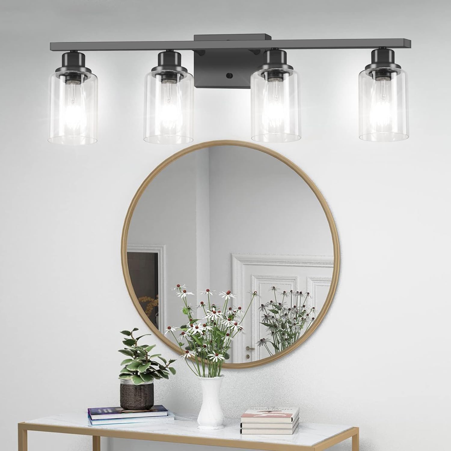 Dikaida Bathroom Vanity Light, 4-Light Modern Matte Black Wall Sconce Lighting With Clear Glass Shade, Black Wall Lights,Bath Vi