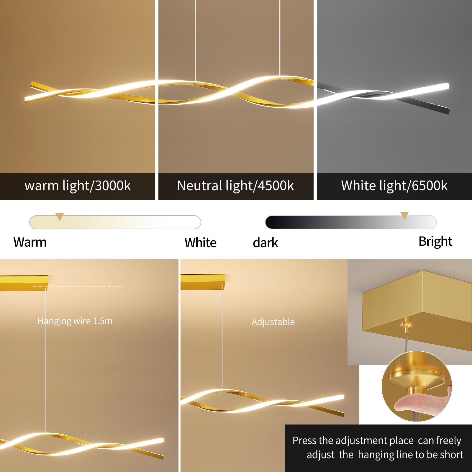 Matven Modern Ceiling Pendant Light, With Remote Control Dimmable 3 Color Mode & Brightness Ceiling Lamp, Anti-Flicker Dining Light Fixture For Kitchen, Dining Room (Gold, 59In)
