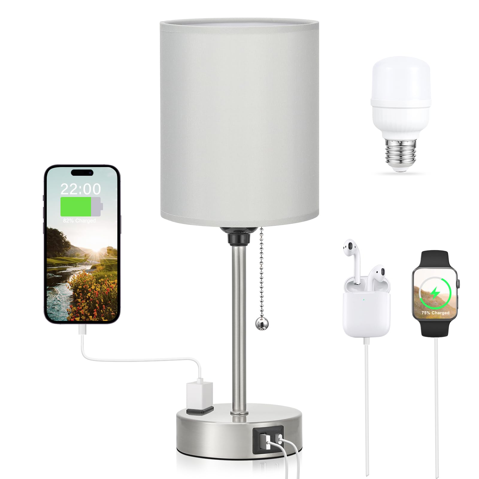 Dicoool Grey Bedroom Lamp - 3 Color Temperature, USB Ports, AC Outlet, 14.6in Metal Base, Model 15-10