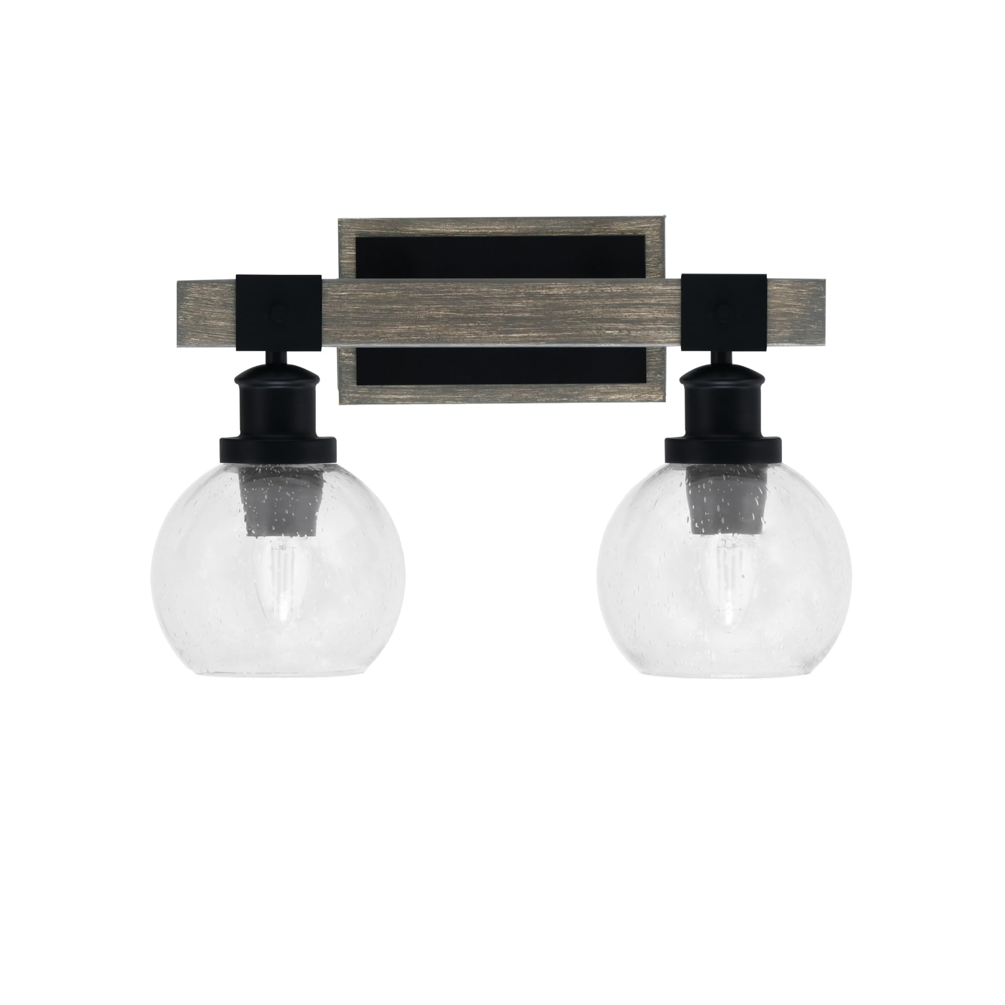 Toltec Lighting Tacoma 2 Light Bath Bar - Matte Black & Distressed Wood Finish, 5.75in Clear Bubble Glass