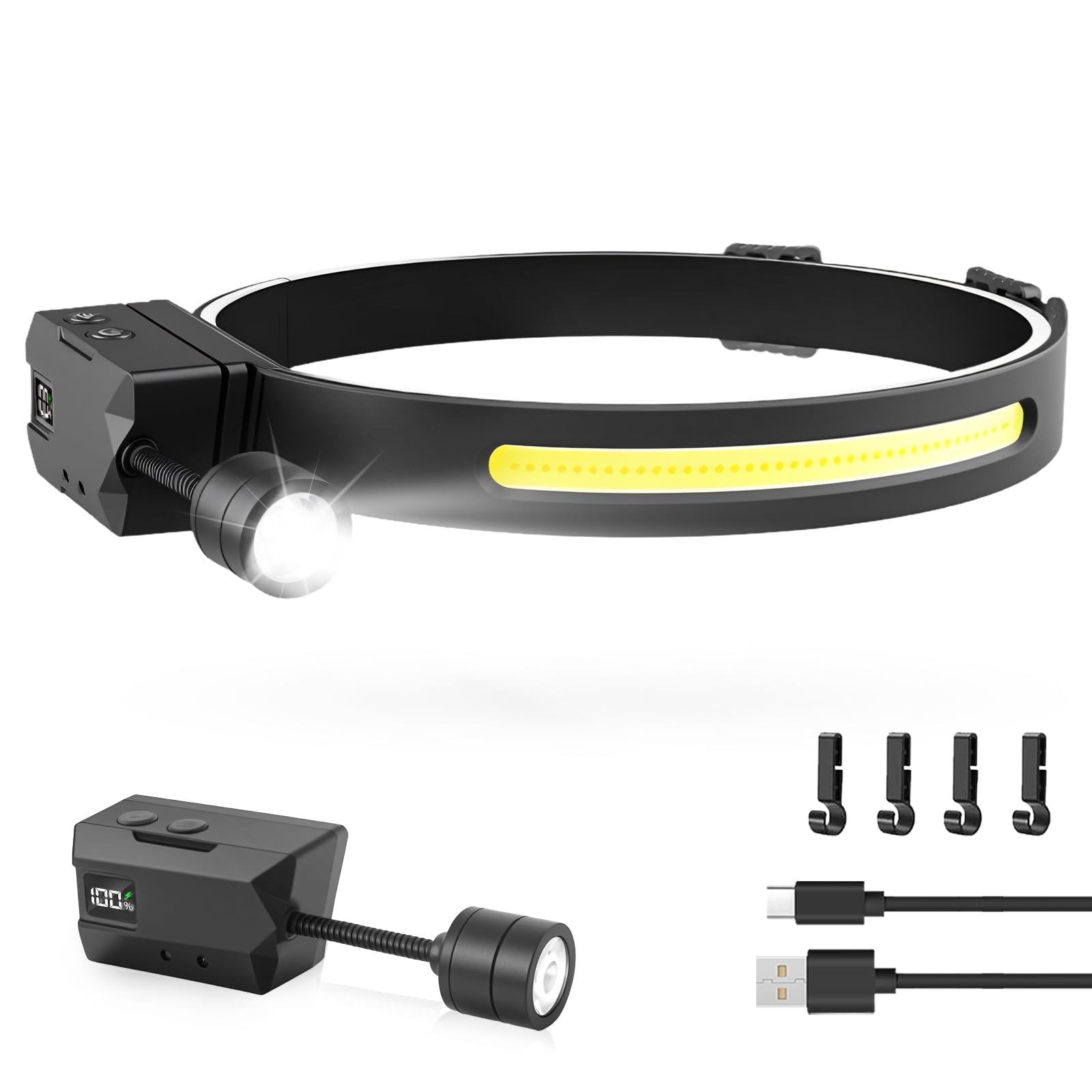 Maraiss Rechargeable Headlamp, 230° Wide Beam, 7 Modes, Detachable, Black, Model CY500, 1 Pack