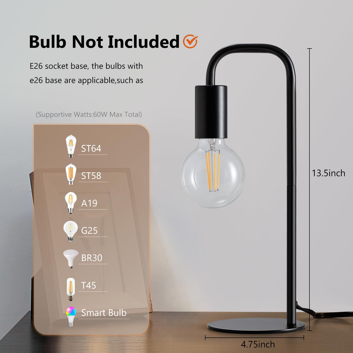 Iporovon Industrial Table Lamp, E26 Socket, Modern Black Nightstand Lamp, TL-231222