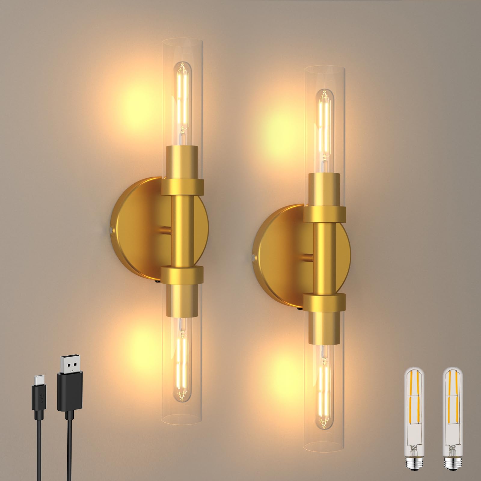 ThyFenno Dimmable Wall Sconce Set of Two, Rechargeable, Touch Control, Gold, Glass, Model TF-1T L3