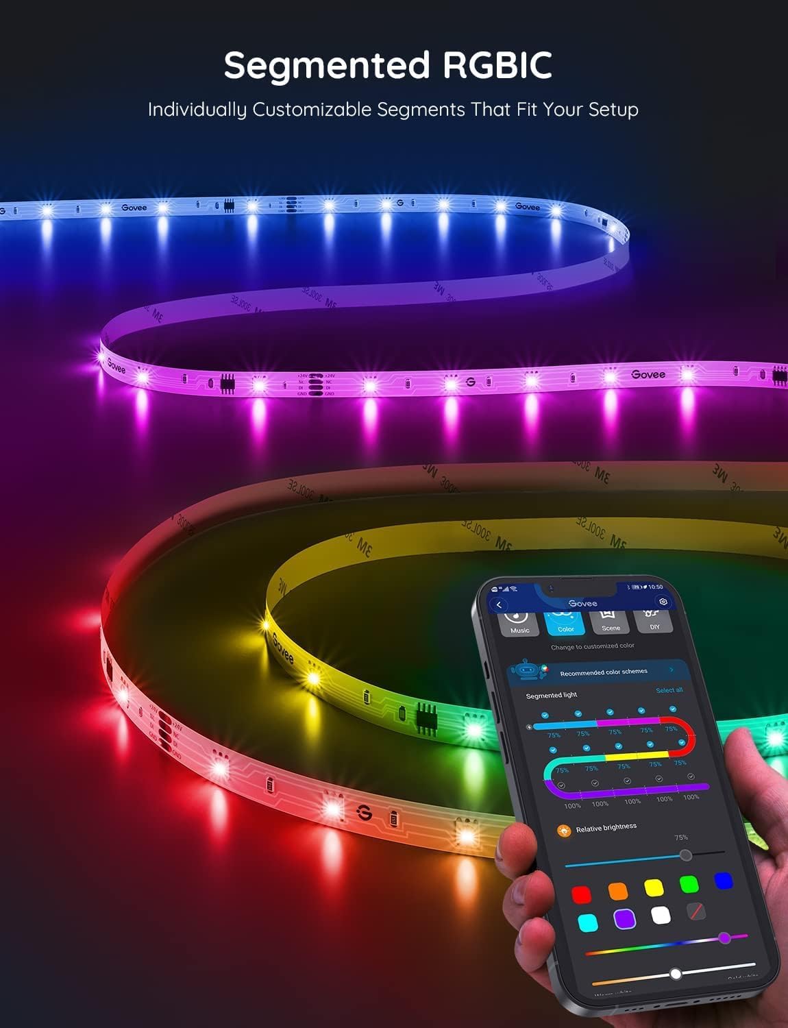 Govee 32.8ft RGBIC LED Strip Lights H617C, Smart App Control, Music Sync, Bluetooth, Color Changing for Bedroom & Gaming Room