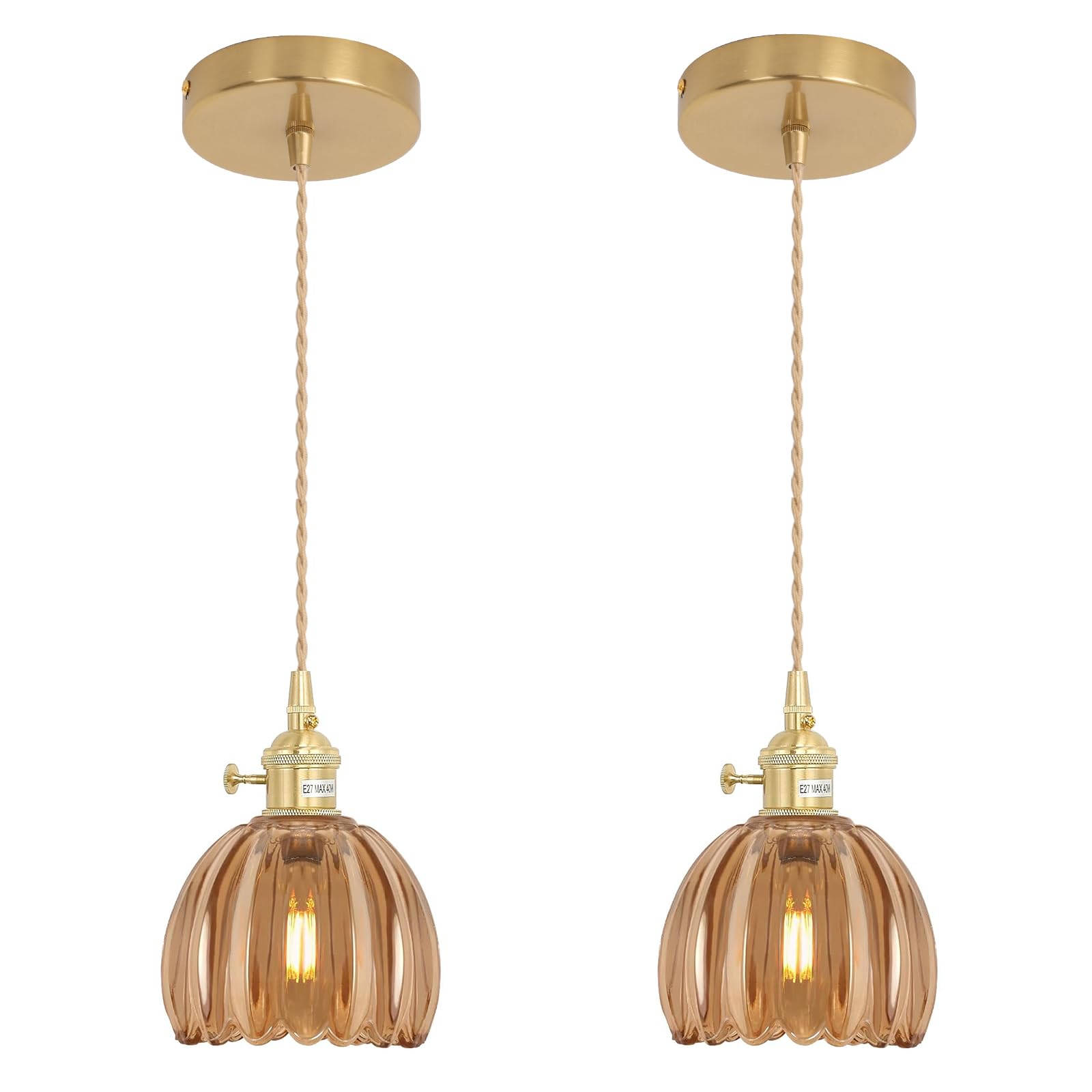 Shenmoyl Mini Pendant Light 2 Pack with Amber Tulip Glass Lmapshade, Brass Vintage Pendant Light Adjustable Hanging Light for Ki