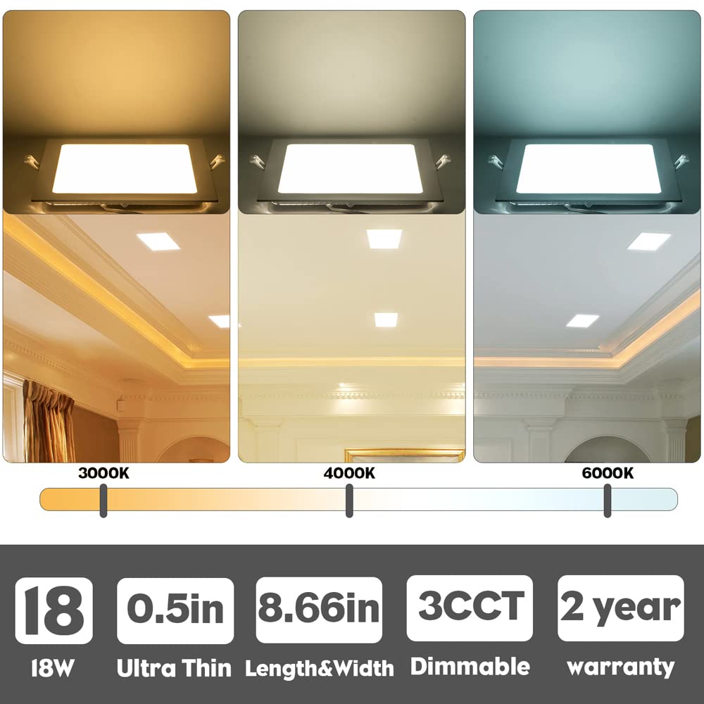 Qibang 4 Pack 8 Inch Square Led Recessed Lights Dimmable With Junction Box,3Cct 3000K-4000K-6000K Selectable,1600Lm Cri90+ 18W U