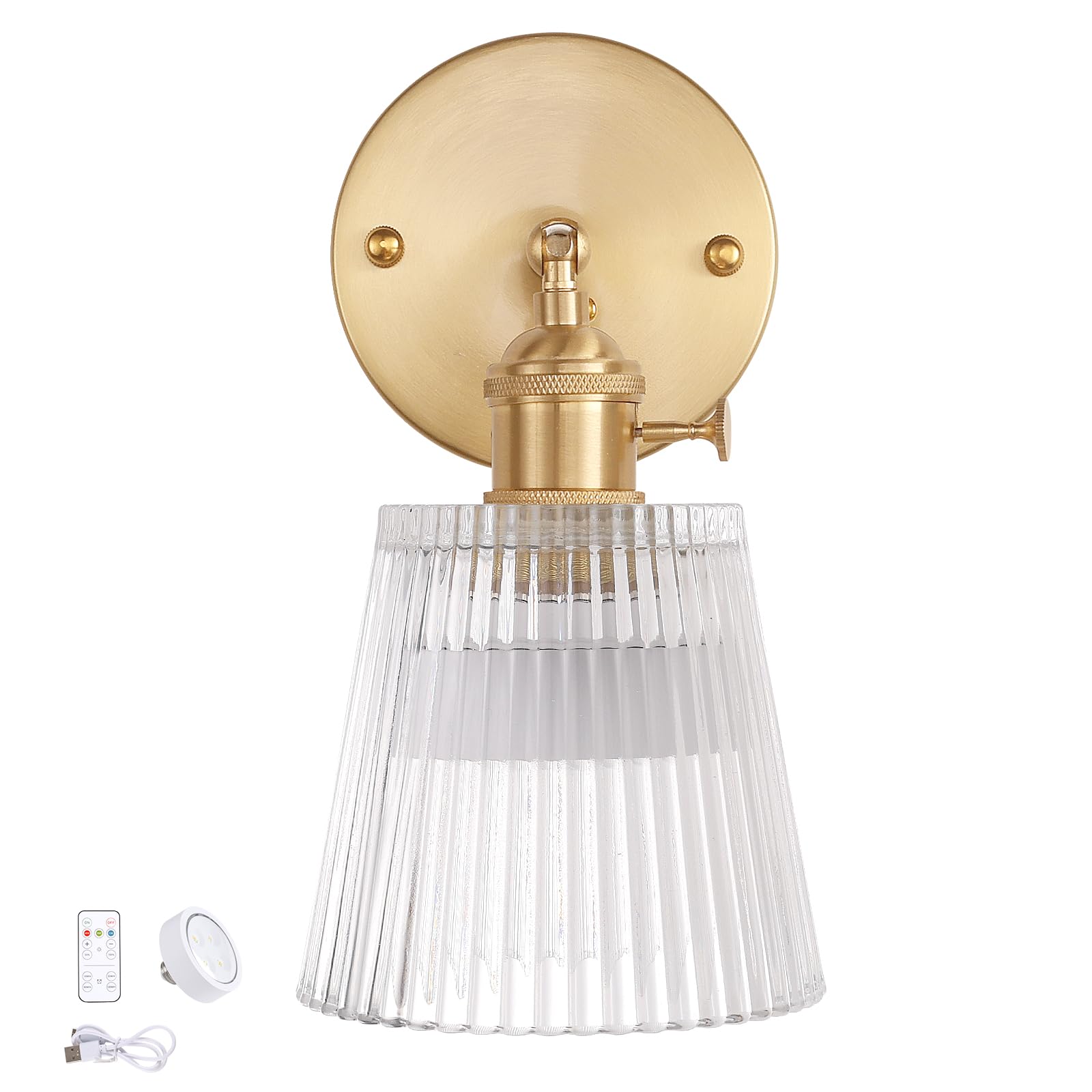 Shenmoyl Vintage Wall Sconce - Battery Operated, Glass Lampshade, Remote Control, 1 Light, Stripe Clear, Model 1-9330