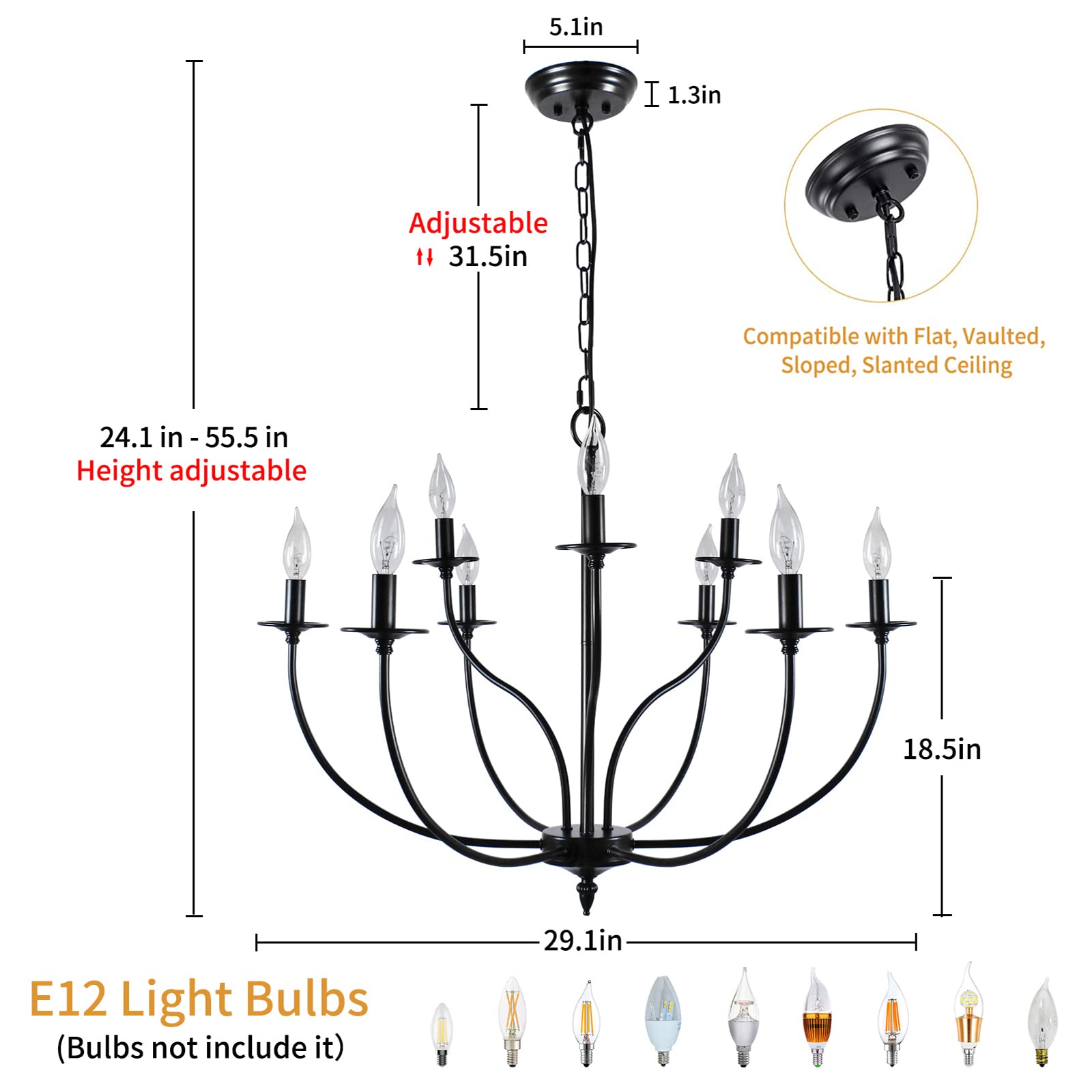 Rviezza 9-Light Black Industrial Iron Chandelier, 2-Tier Candle Design for Living Room, Dining Room, Bedroom, Foyer