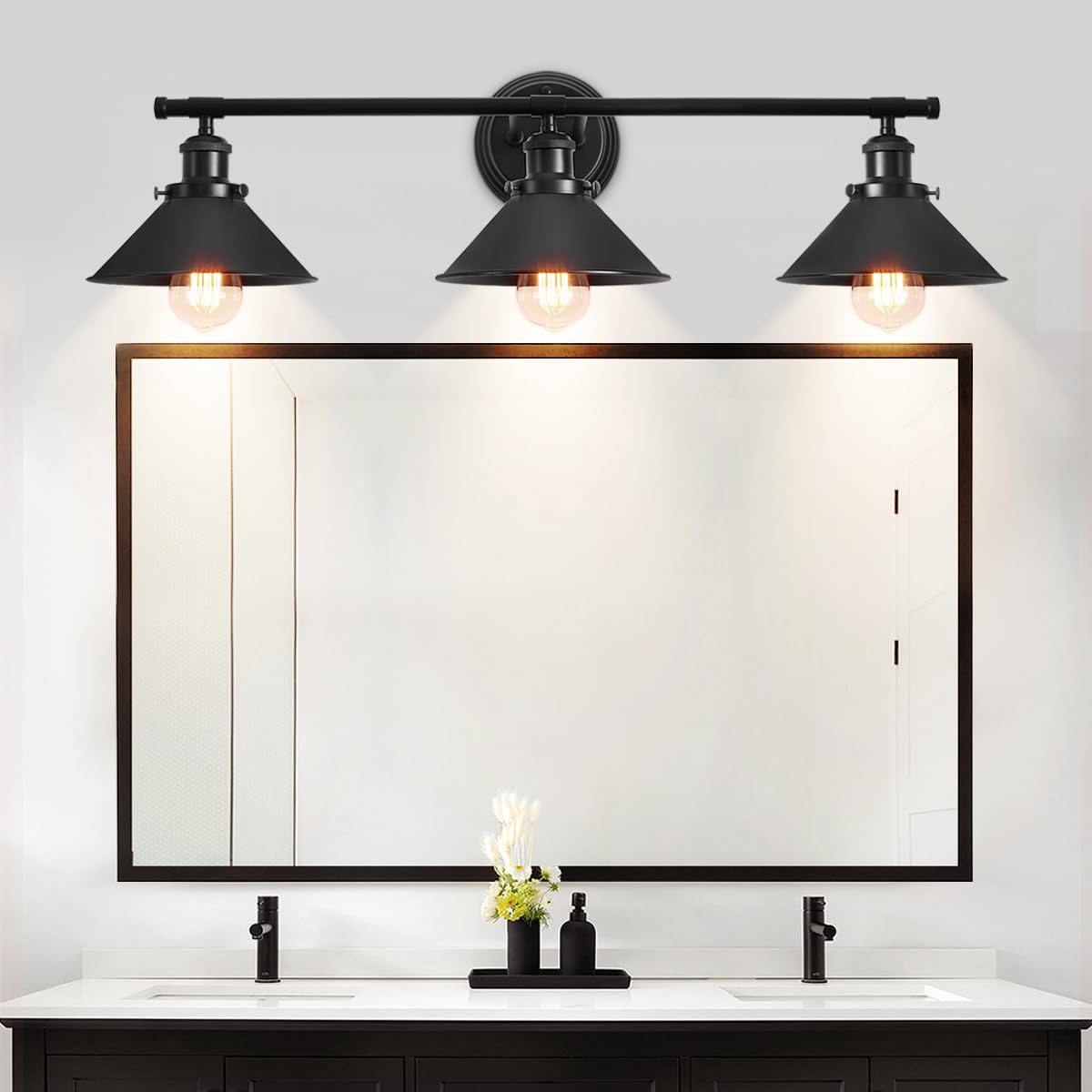 Toulmj Bathroom Light Fixtures Farmhouse Vanity Lights, 3 Light Bathroom Lighting Fixtures Over Mirror Bathroom Wall Sconces With Metal Shade, Matte Black Vanity Lights For Bathroom (31.49'')